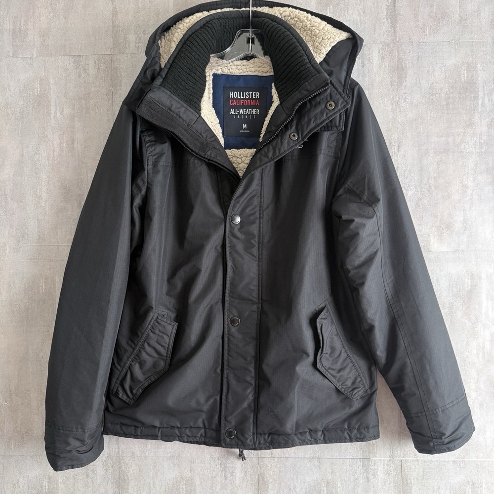 Hollister Parka Jacket Mens Medium Black All Weather Sherpa Lined Hooded Storm